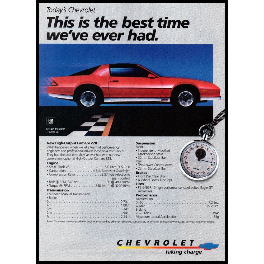 1984 Chevy Camaro Z28 T Top Vintage Print Ad Stopwatch Red Sports Car Wall Art